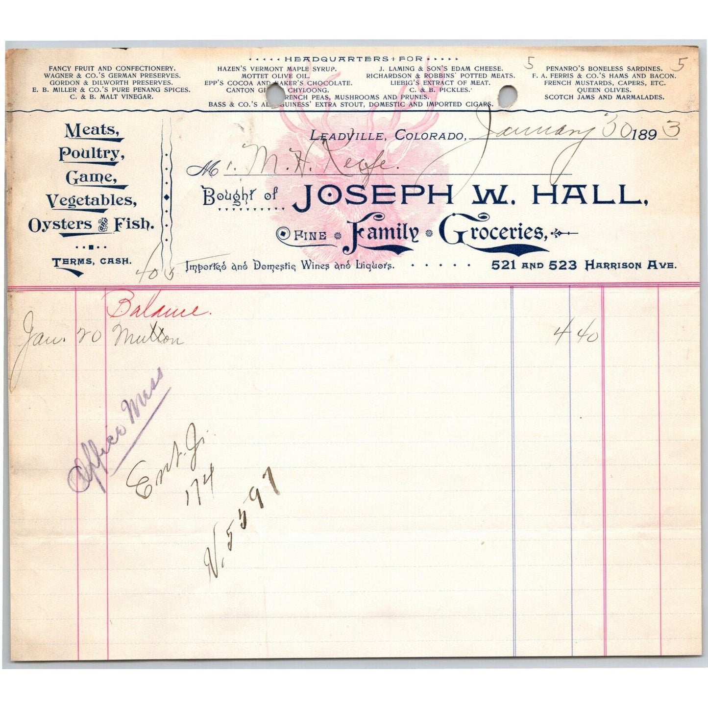 1893 Joseph W. Hall Groceries Produce Meats Leadville, CO Letterhead M.H. Keefe