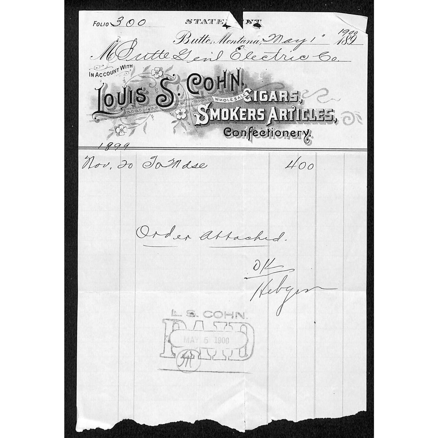 Butte, MT Louis S. Cohn Cigars Smokers Articles Confectionery 1900 Billhead