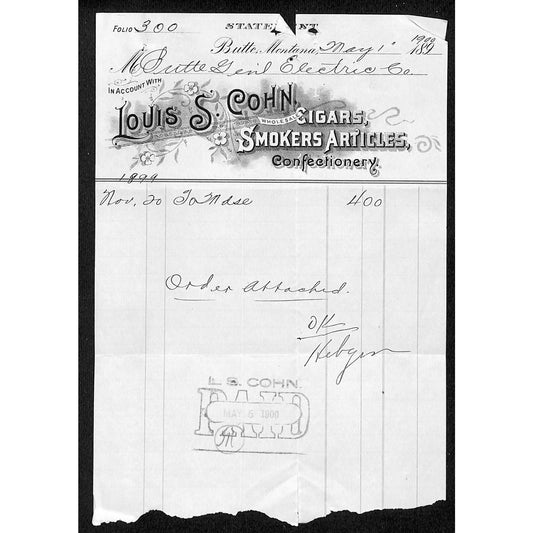 Butte, MT Louis S. Cohn Cigars Smokers Articles Confectionery 1900 Billhead