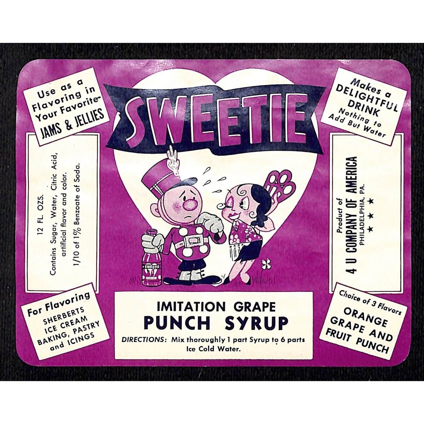 Cartoon Sweetie Grape Punch Syrup Paper Soda Label Philadelphia c1930's-40's