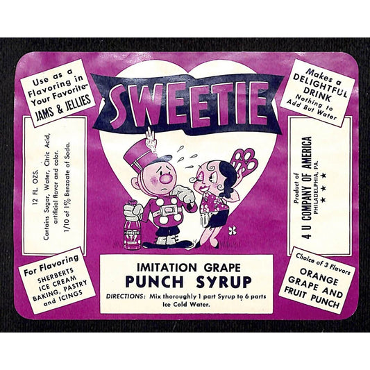 Cartoon Sweetie Grape Punch Syrup Paper Soda Label Philadelphia c1930's-40's