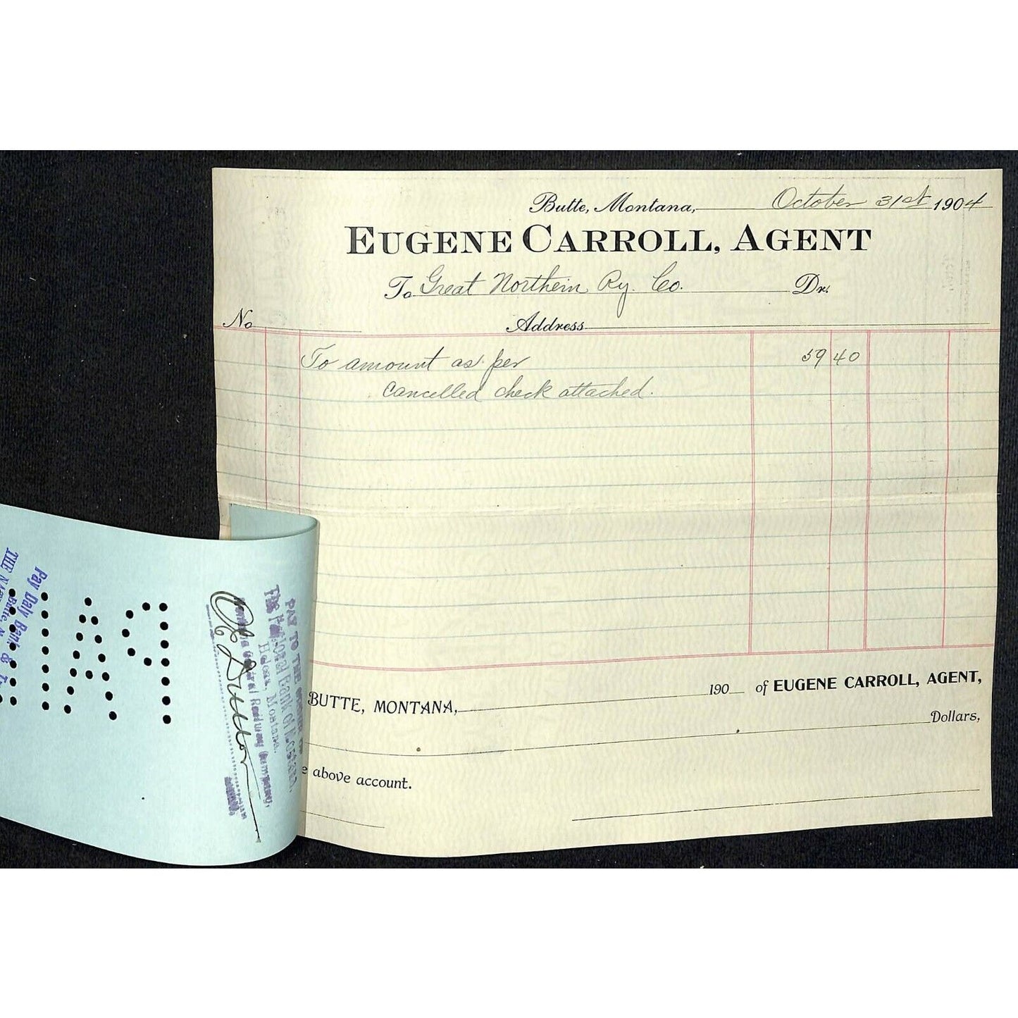 1904 Check Bank of Montana Helena Butte, MT Eugene Carroll to Great Northern RY