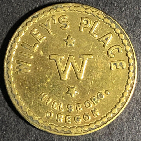 Wiley's Place Hillsboro Oregon G/F 5c Brass Trade Token "W" 20mm