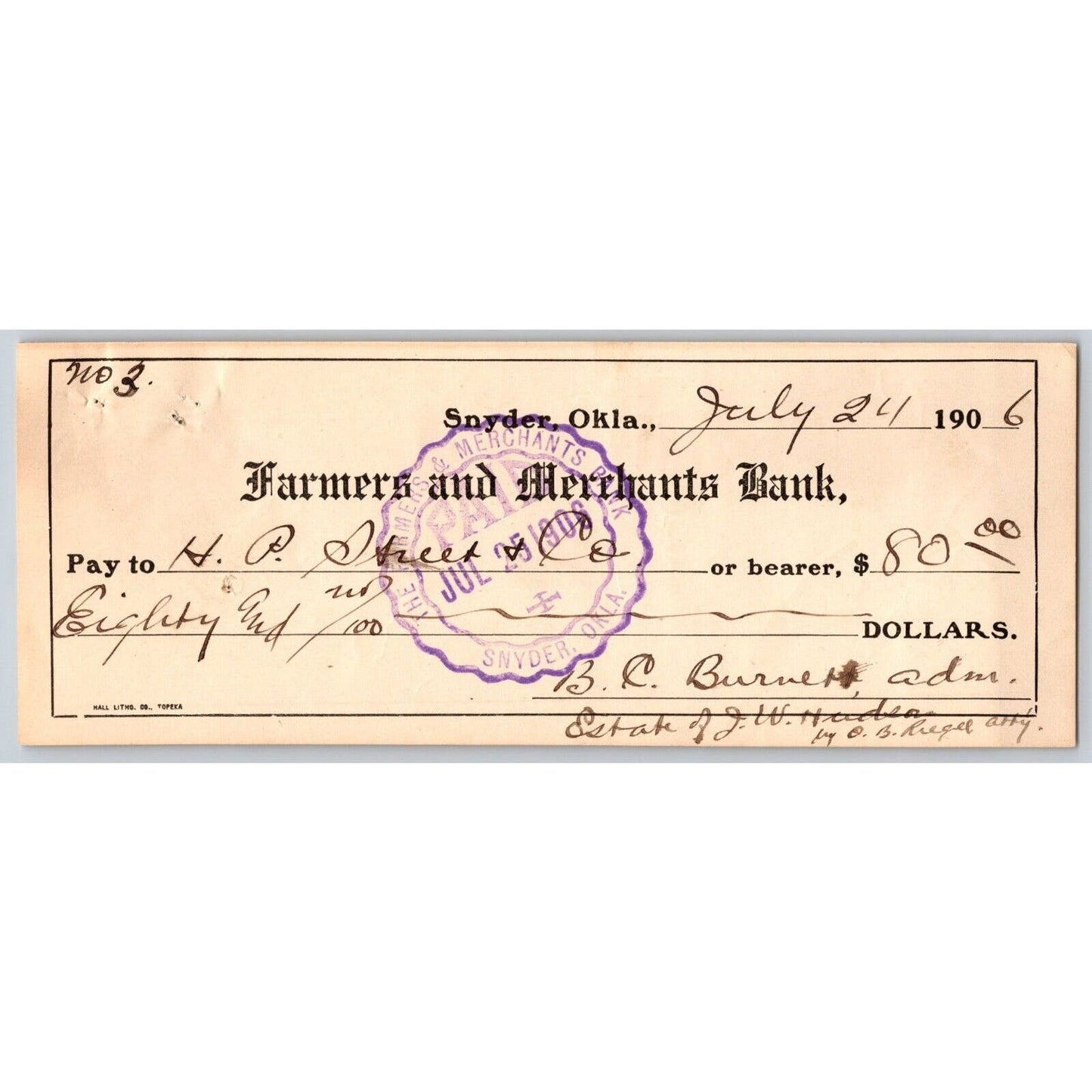 Snyder, Oklahoma 1906 Farmers and Merchants Bank Check