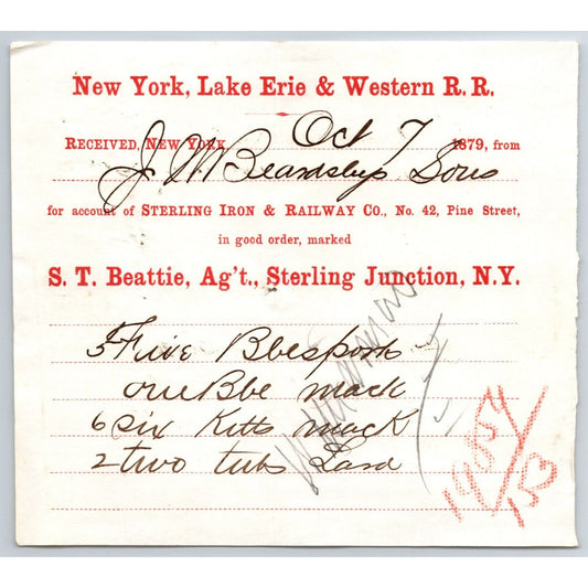New York, Lake Erie & Western R.R. 1879 Railroad Freight Billhead J.M. Beardsley
