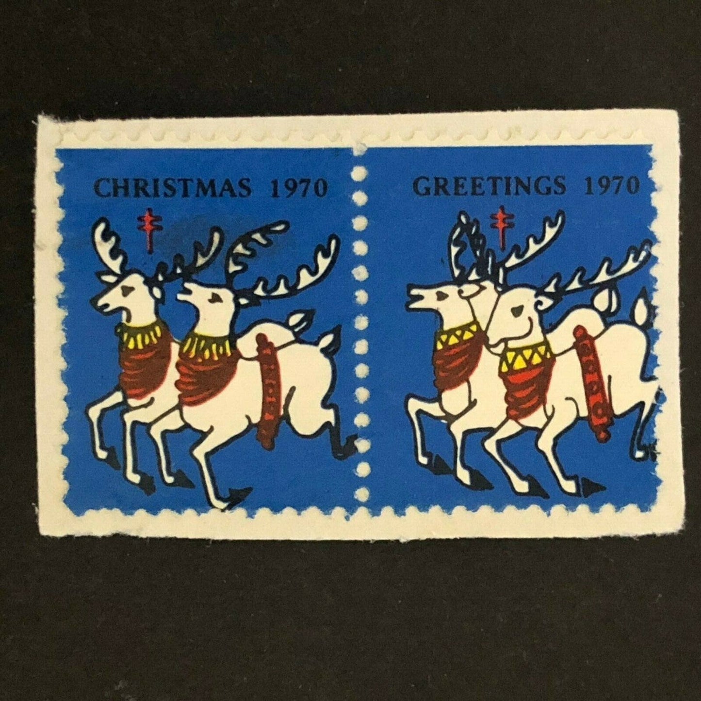 2 Vintage Advertising Stamps w/ Adhesive Back - Reindeer "Greetings 1970"