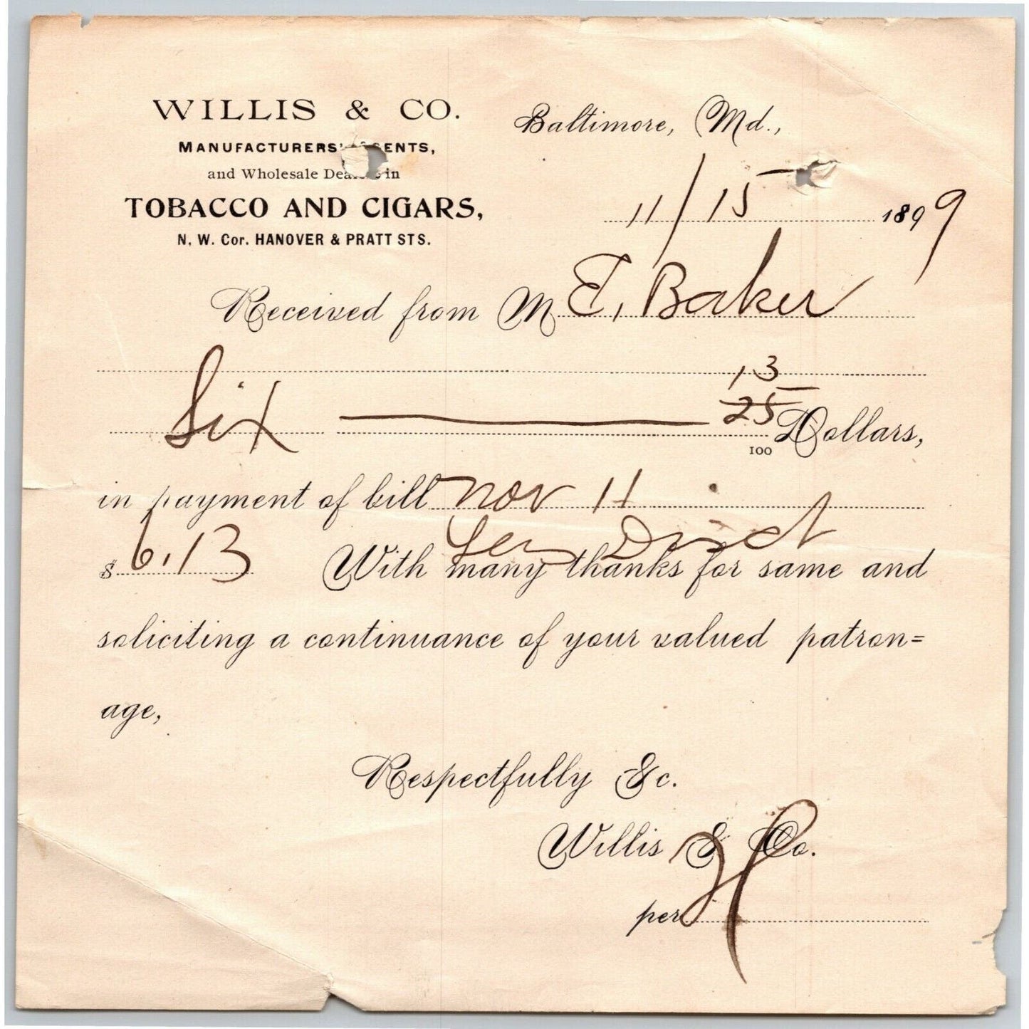 1899 Letterhead Billhead Willis & Co. Tobacco Cigars Baltimore Ephraim Baker*