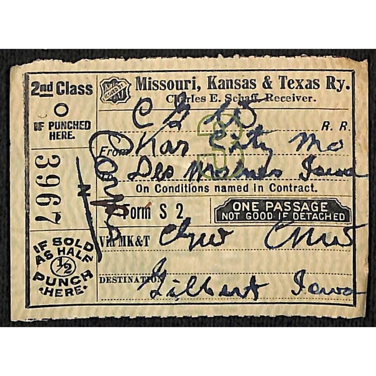 Missouri , Kansas & Texas Railway Railroad 1917 Ticket K.C. to Des Moines #3967