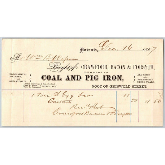 Detroit Letterhead Crawford, Bacon & Forsyth "Coal and Pig Iron" 1867