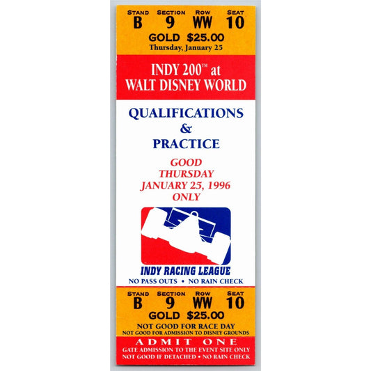 1996 Indy 200 Walt Disney World Thur Qualifications & Practice Unused Ticket #10