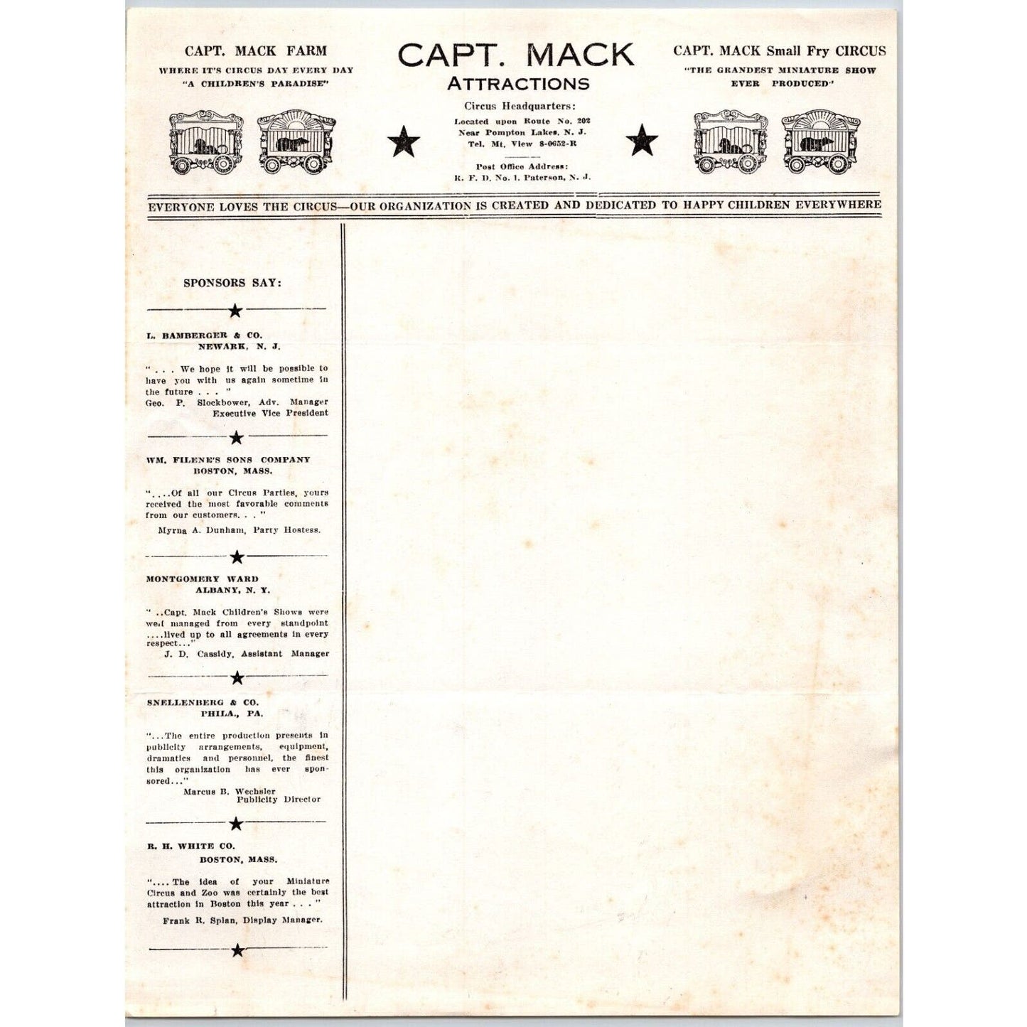 Capt. Mack Attractions Children's "Small Fry Circus" Letterhead c1940 Scarce