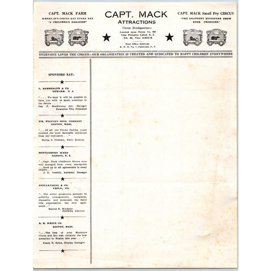 Capt. Mack Attractions Children's "Small Fry Circus" Letterhead c1940 Scarce