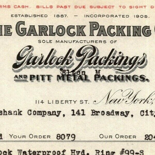 1915 "The Garlock Packing Co." Metal Billhead Letterhead 114 Liberty St., NYC