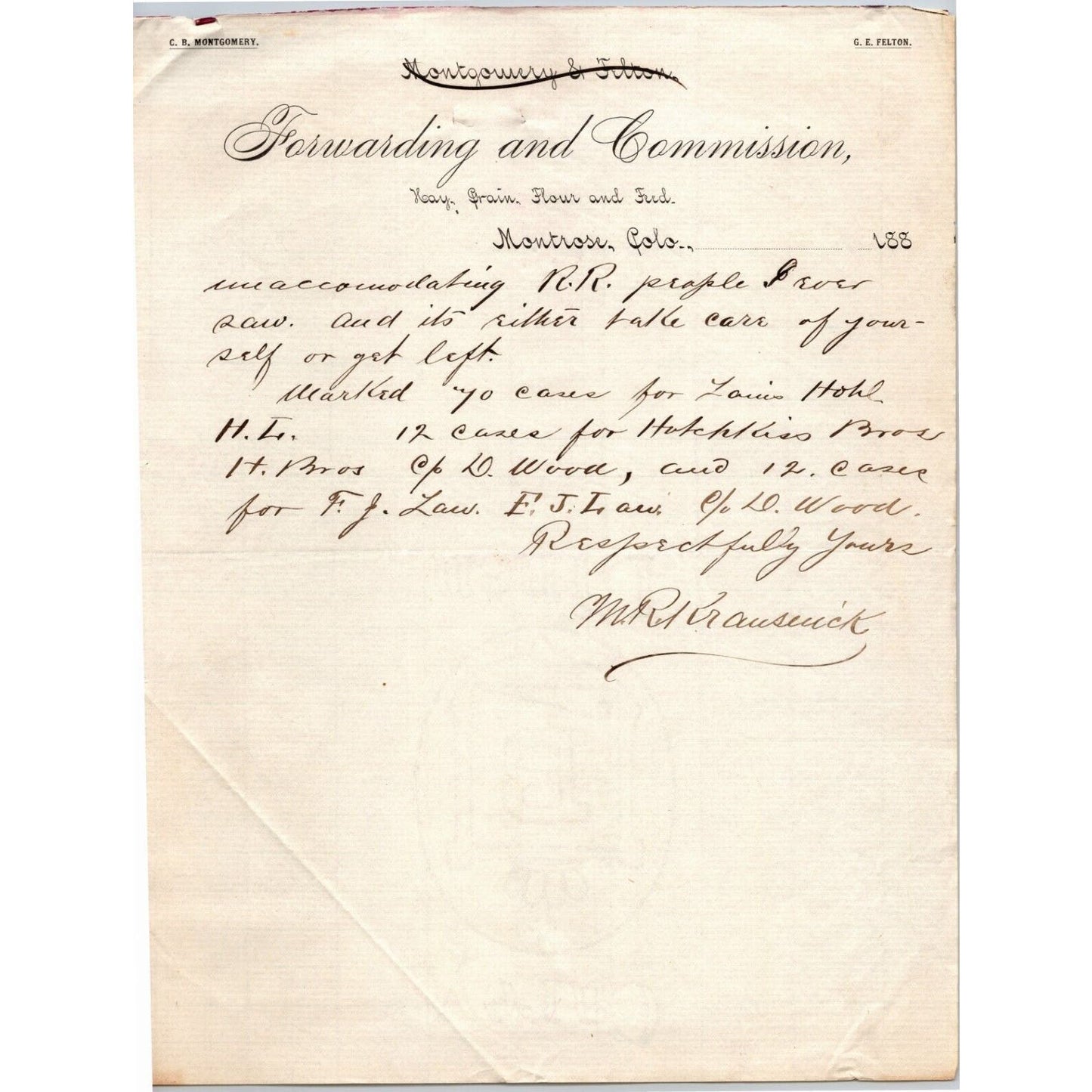 1886 Forwarding / Commission Montrose CO David Wood Transport Lines Letterhead
