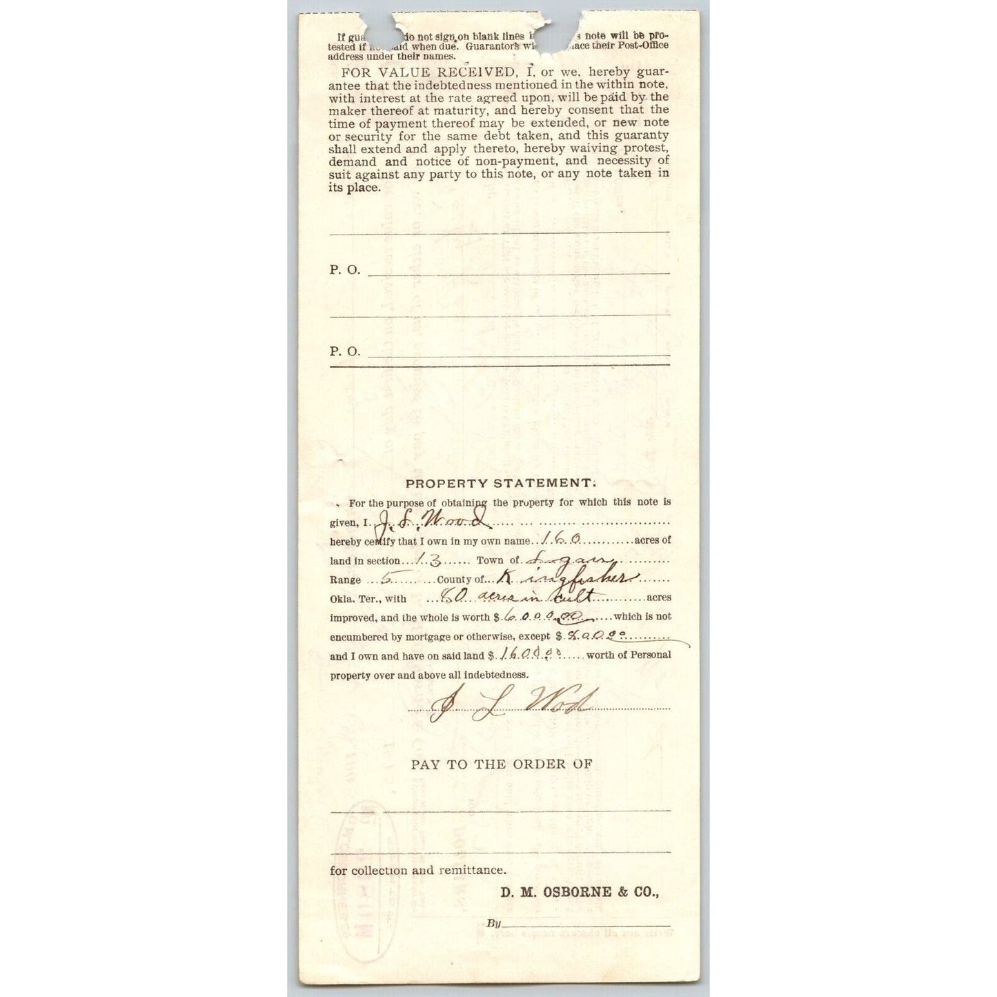 Cashion, OK Indian Territory 1903 Promissory Note w/ Property Statement - Scarce