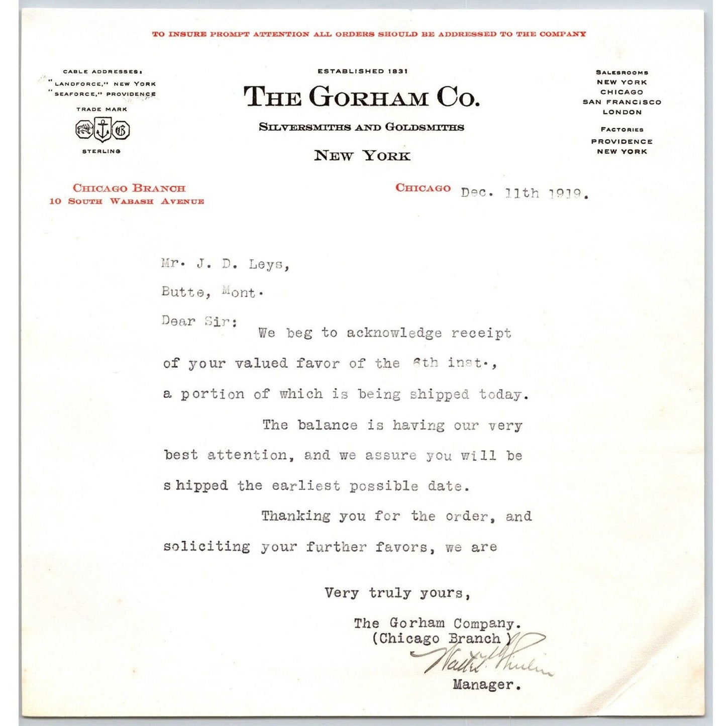 Gorham Co. Silversmiths to "Leys" Jewelers Butte, MT 1919 Letterhead re: Payment