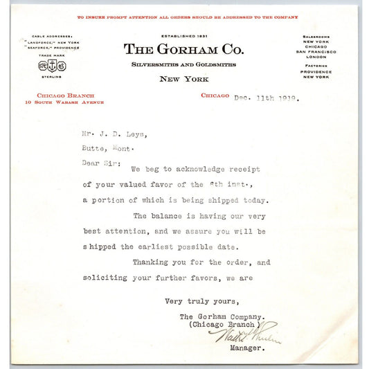 Gorham Co. Silversmiths to "Leys" Jewelers Butte, MT 1919 Letterhead re: Payment