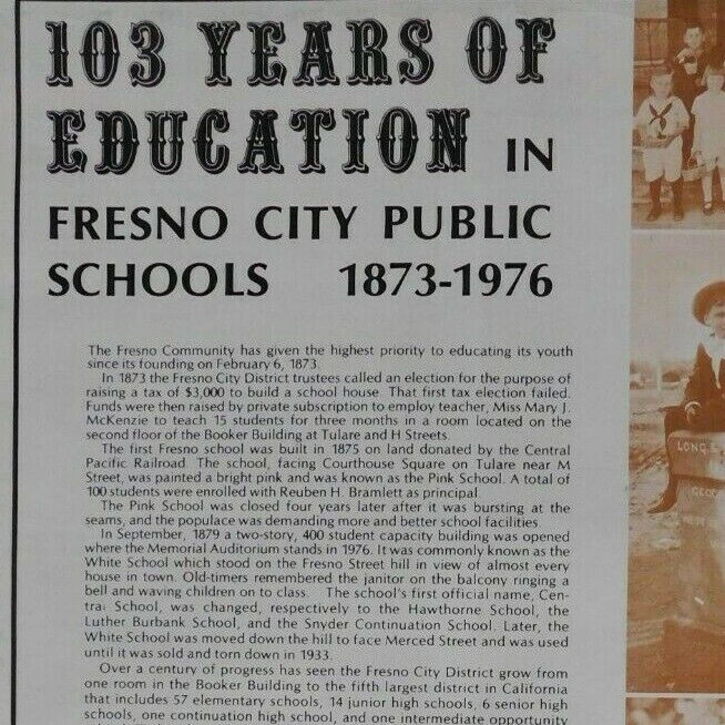 103 Years of Education in Fresno City Public Schools 1873-1976 Large 12pgs NOS