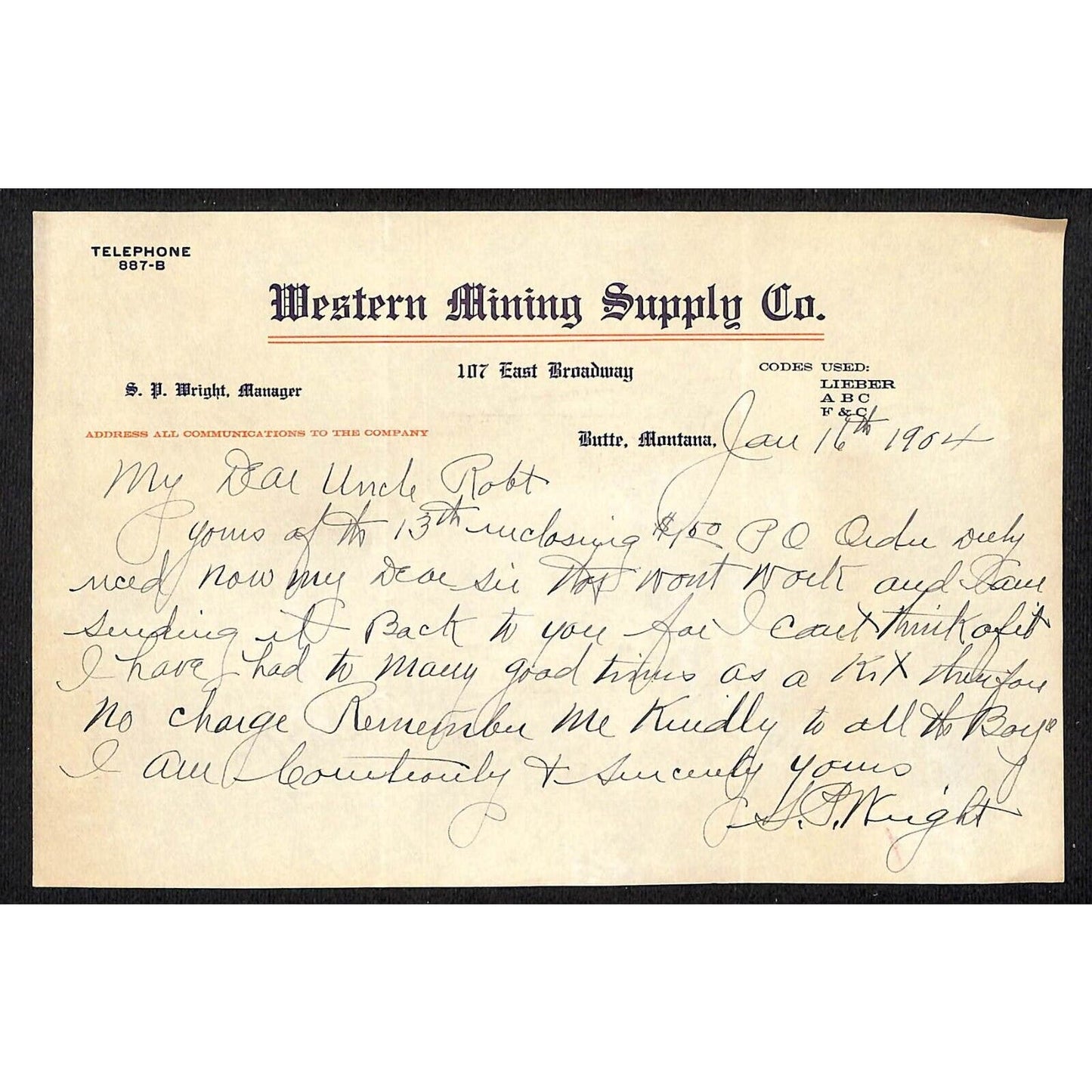 Butte, MT Western Mining Supply Signed S.P Wright 1905 "Dear Uncle" Letterhead