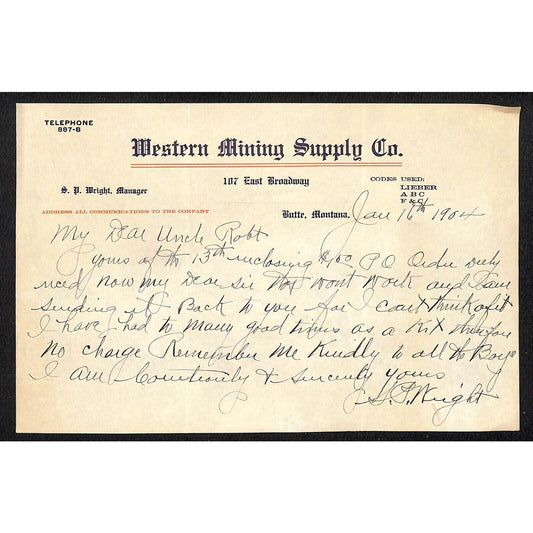 Butte, MT Western Mining Supply Signed S.P Wright 1905 "Dear Uncle" Letterhead