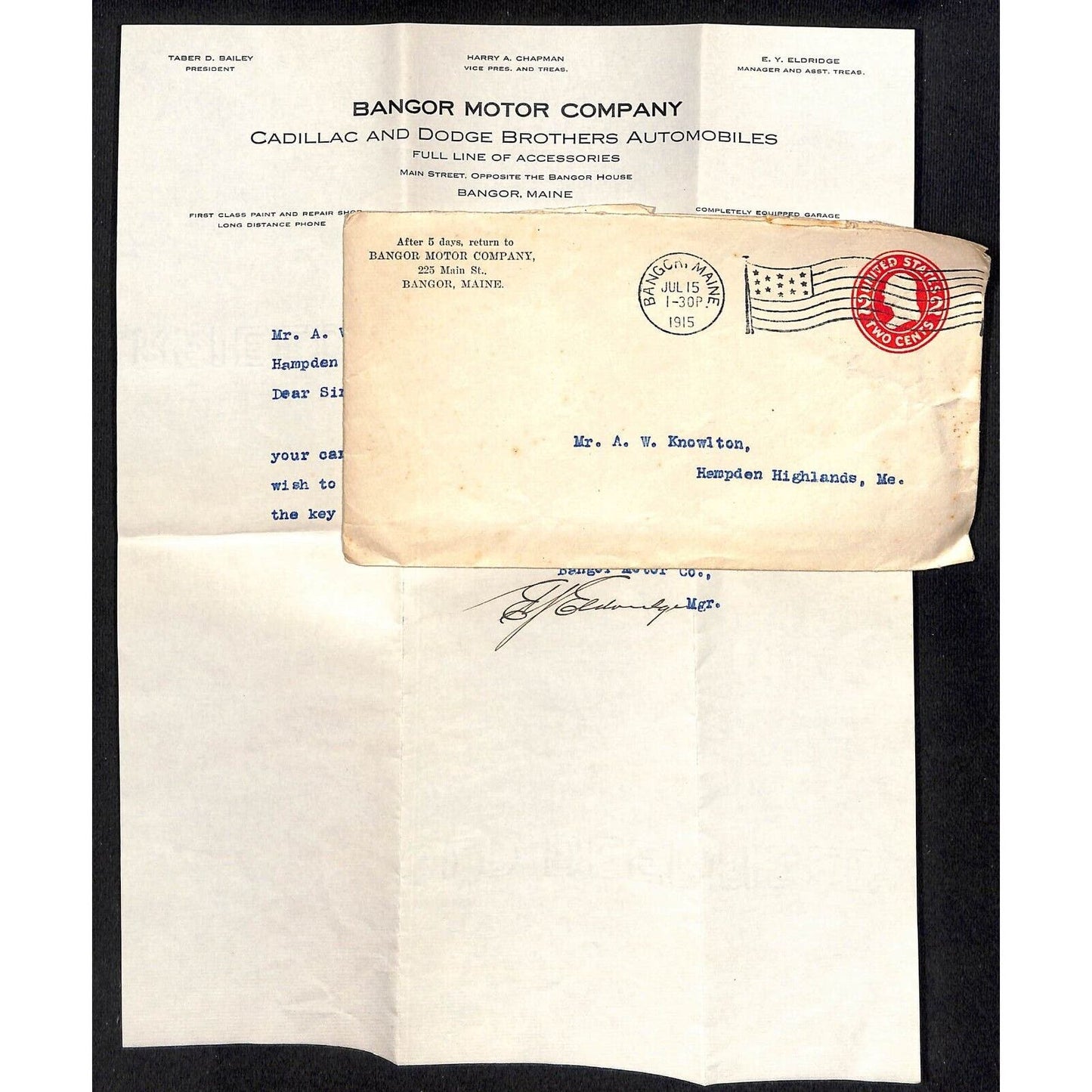 Hampden Highlands, ME Amos W. Knowlton* 1915 Bangor Motor Co. Cadillac Dodge LH