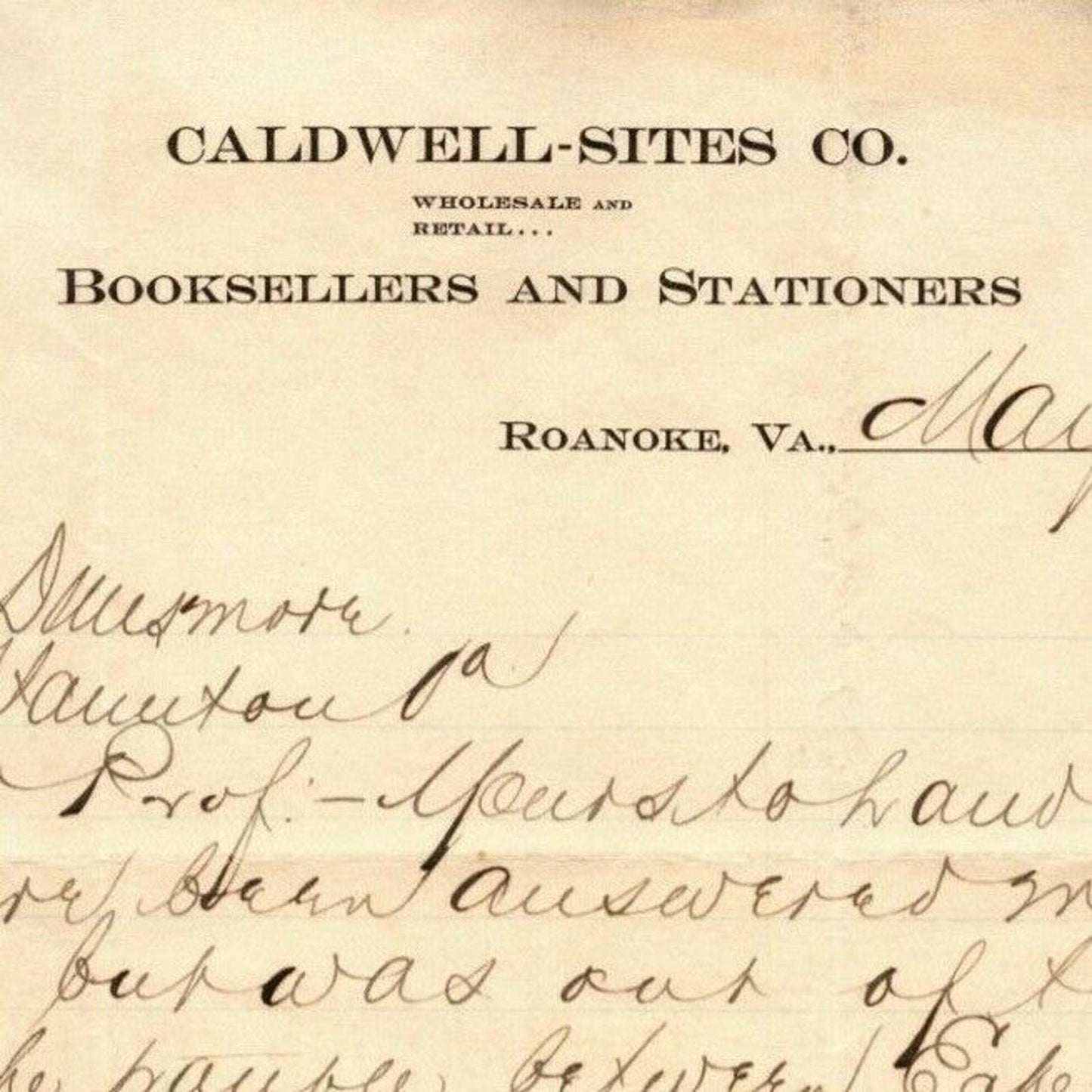1901 Scarce Caldwell-Sites Booksellers Billhead Letterhead Roanoke, VA