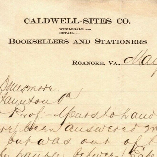 1901 Scarce Caldwell-Sites Booksellers Billhead Letterhead Roanoke, VA