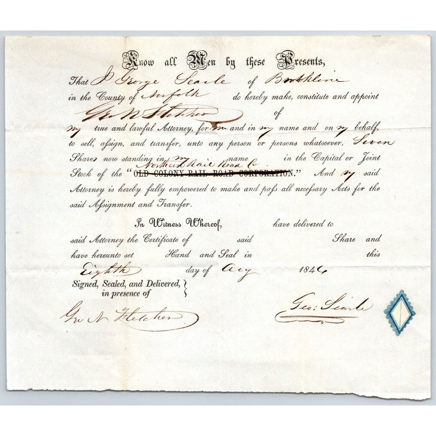1846 Legal Document Power of Atty re: Northern Railroad Stock George Searle
