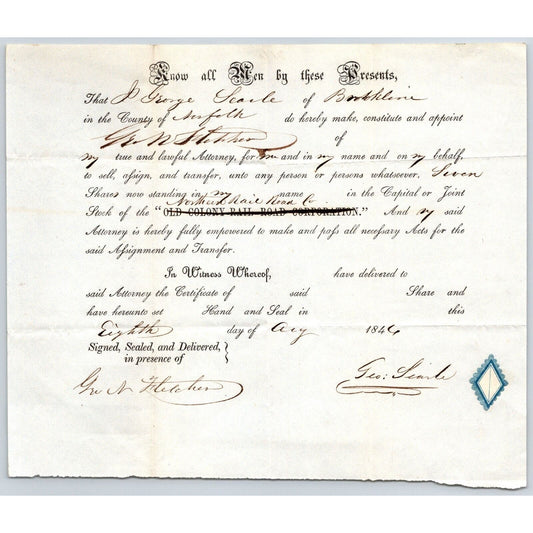 1846 Legal Document Power of Atty re: Northern Railroad Stock George Searle