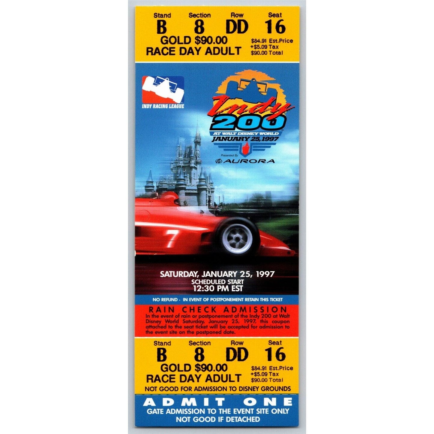 1997 Indy 200 Walt Disney World Saturday 1/25 Race Day Unused Ticket - Seat 16