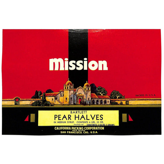 1941 Paper Fruit Can Label Mission Brand Bartlett Pear Halves - 6Lbs.VGC Scarce