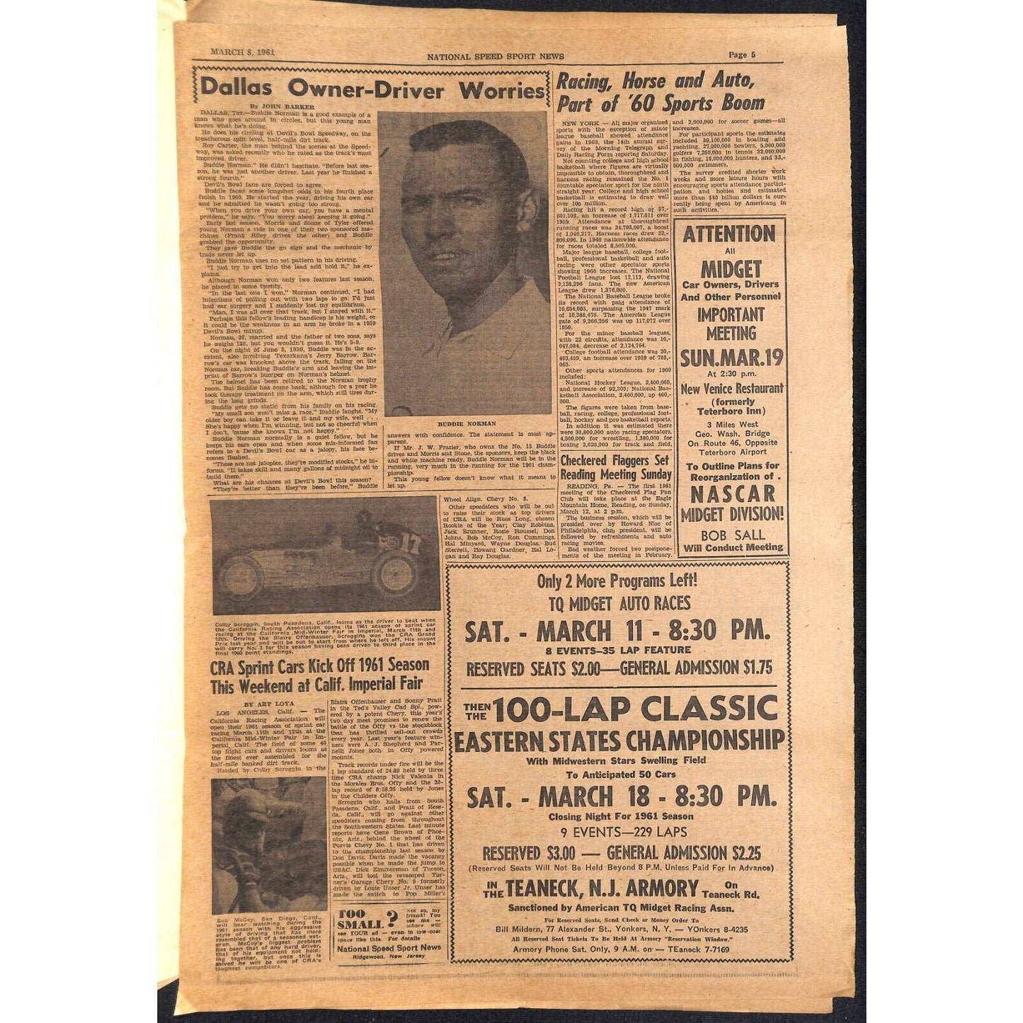 National Speed Sport News 3/8 1961 Duncan Wins Teaneck w Broken Axle Racing 11pp