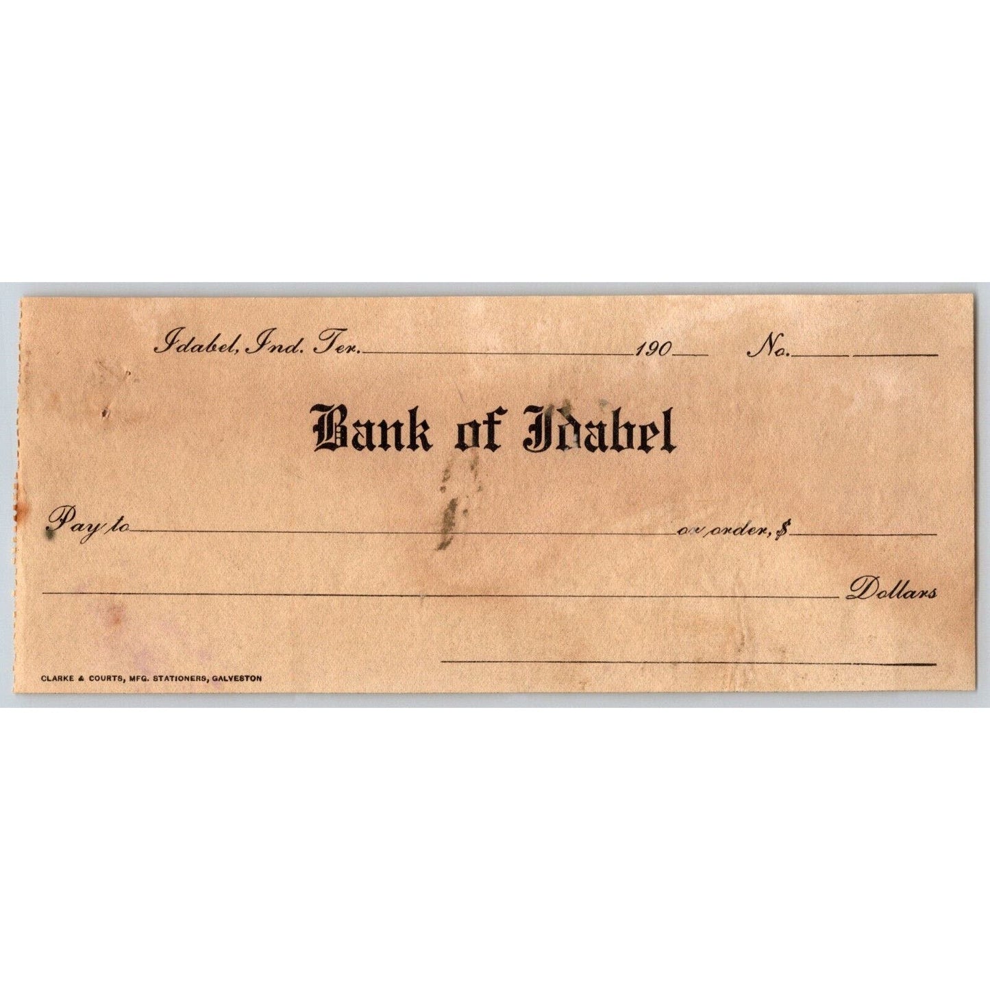 Idabel, Oklahoma Indian Territory c1900-1907 Bank of Idabel Check - Scarce
