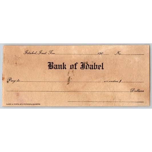 Idabel, Oklahoma Indian Territory c1900-1907 Bank of Idabel Check - Scarce