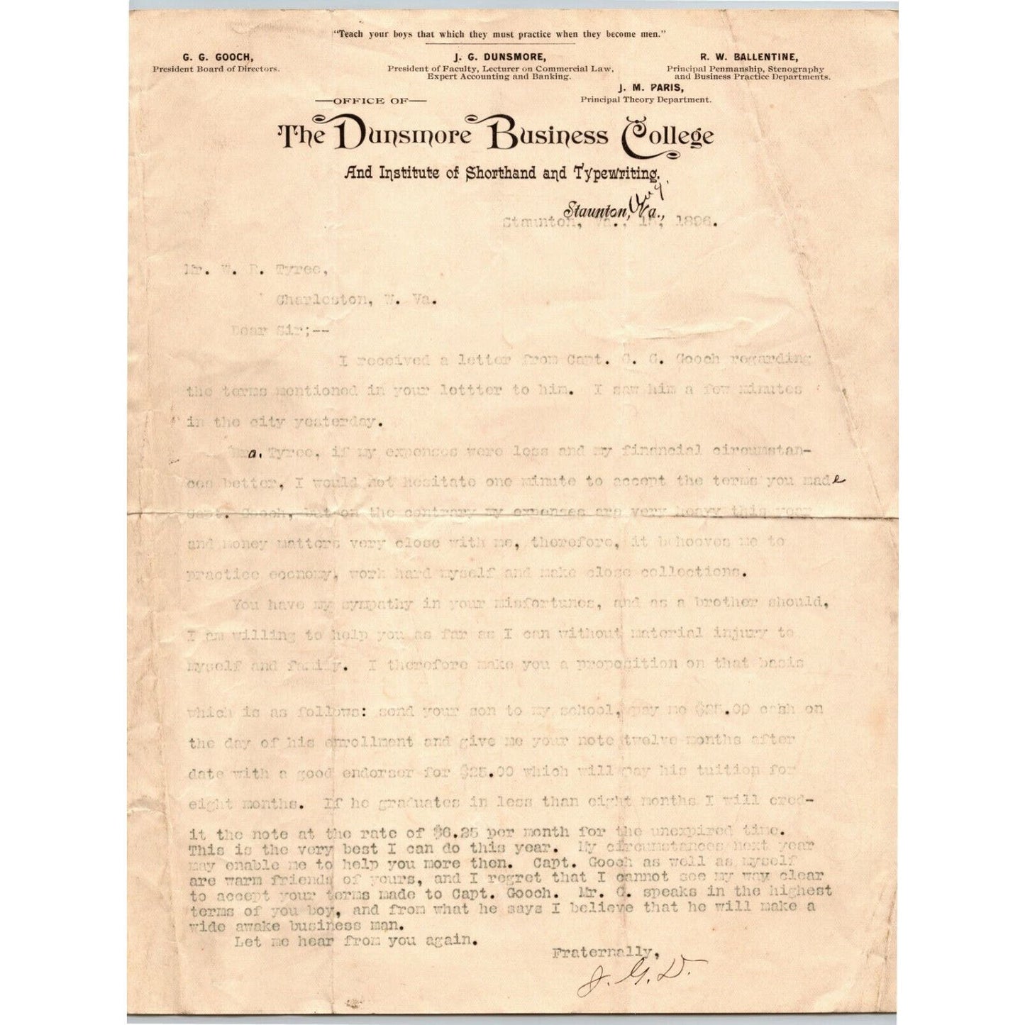 1896 Scarce Dunsmore Business College Shorthand Staunton, VA Letterhead