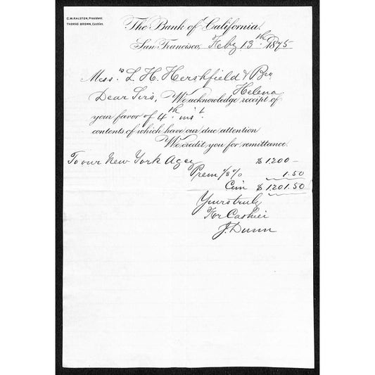 1875 Bank of California San Francisco Letterhead L.H. Hershfield Helena, MT