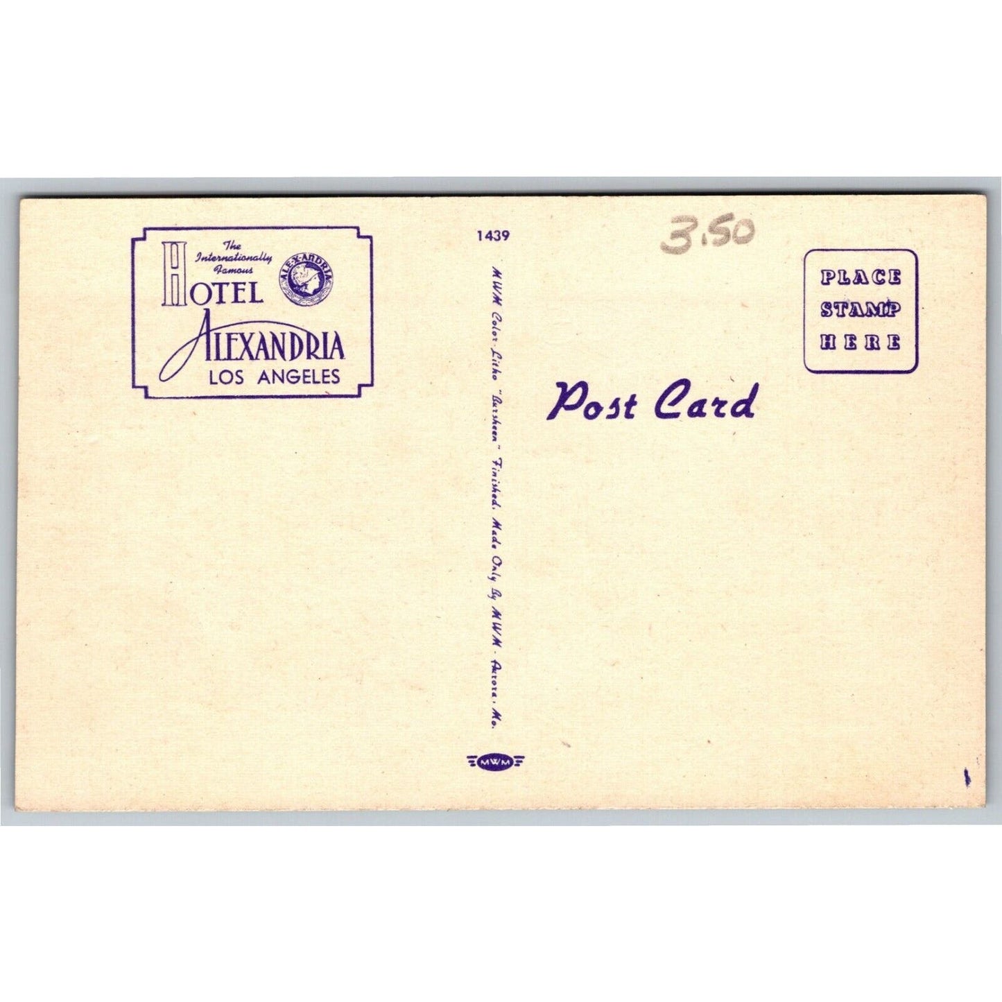 Los Angeles Alexandria Hotel Night / Garage Linen Postcard c1930's-40's VGC