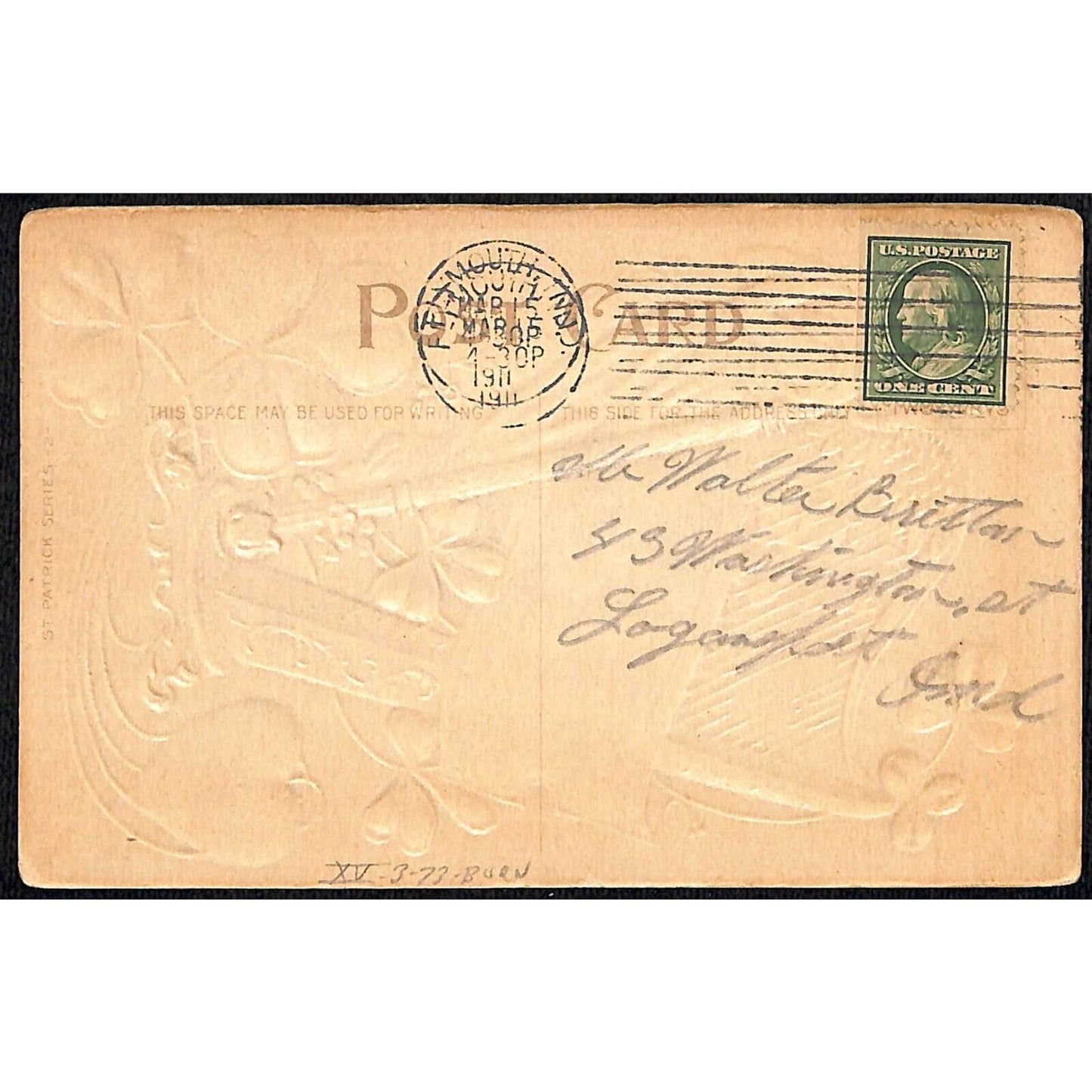 St. Patrick's Day Postcard "Erin Go Bragh" Harp Clovers Gold Ink PM 1911