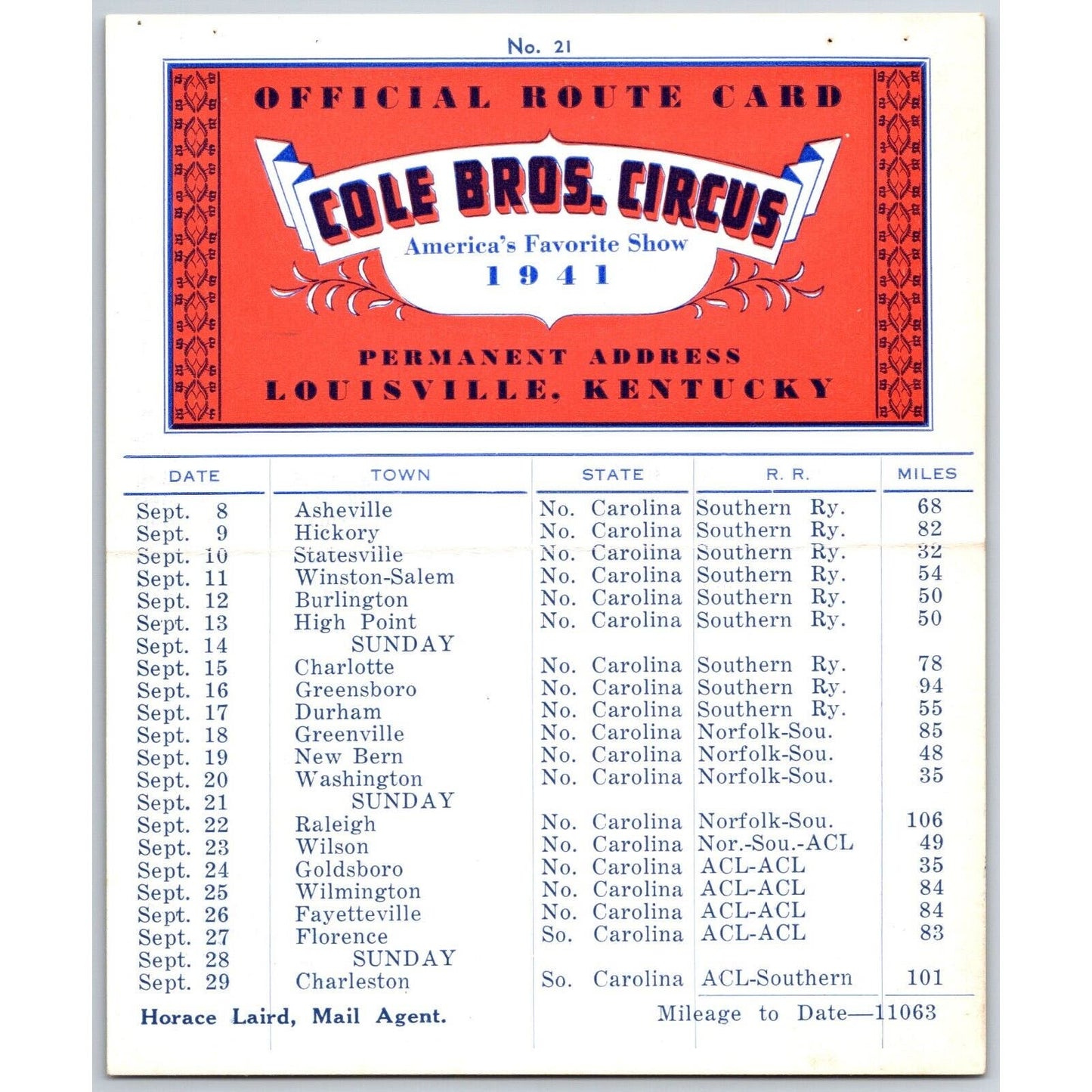 1941 Cole Bros Circus Route Card North Carolina