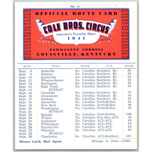 1941 Cole Bros Circus Route Card North Carolina