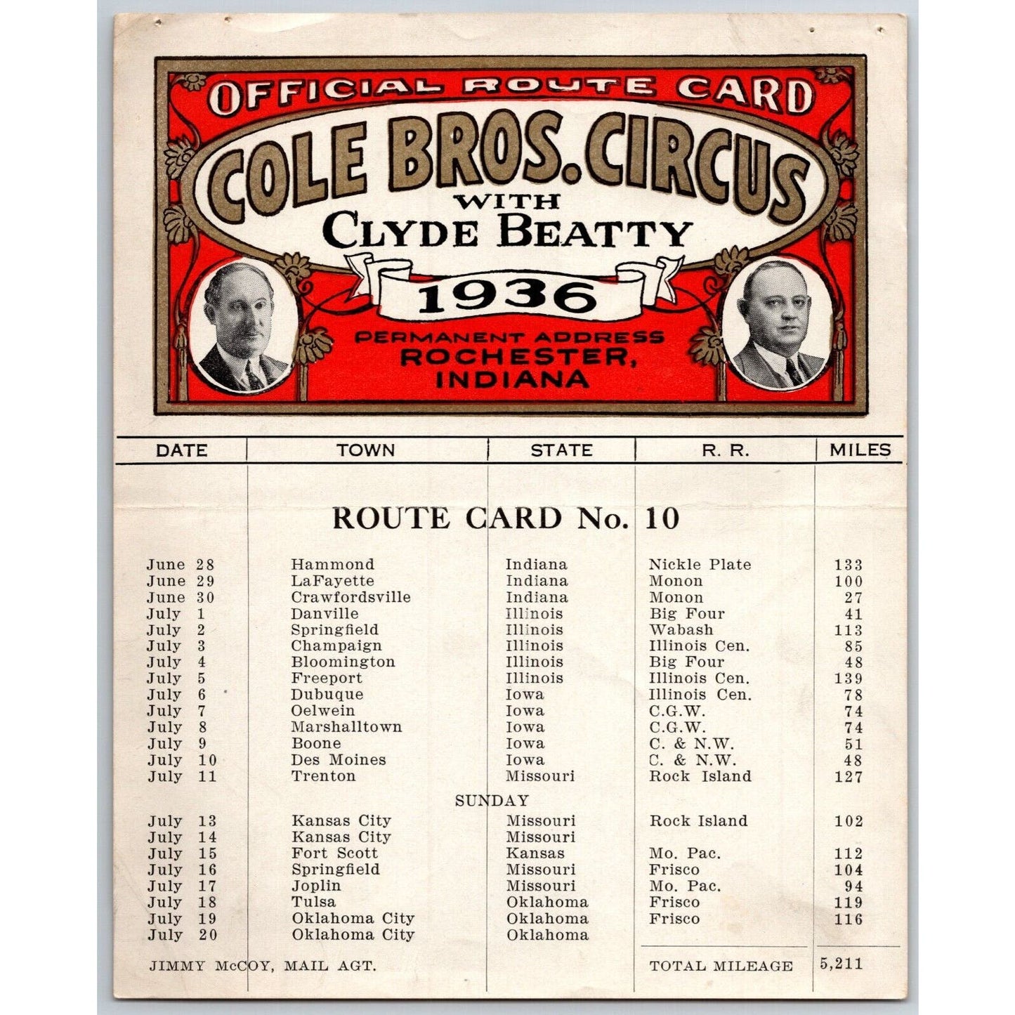 1936 Cole Bros with Clyde Beatty Circus Route Card IN IL IA MO KS OK