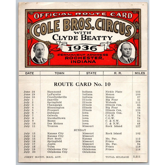 1936 Cole Bros with Clyde Beatty Circus Route Card IN IL IA MO KS OK