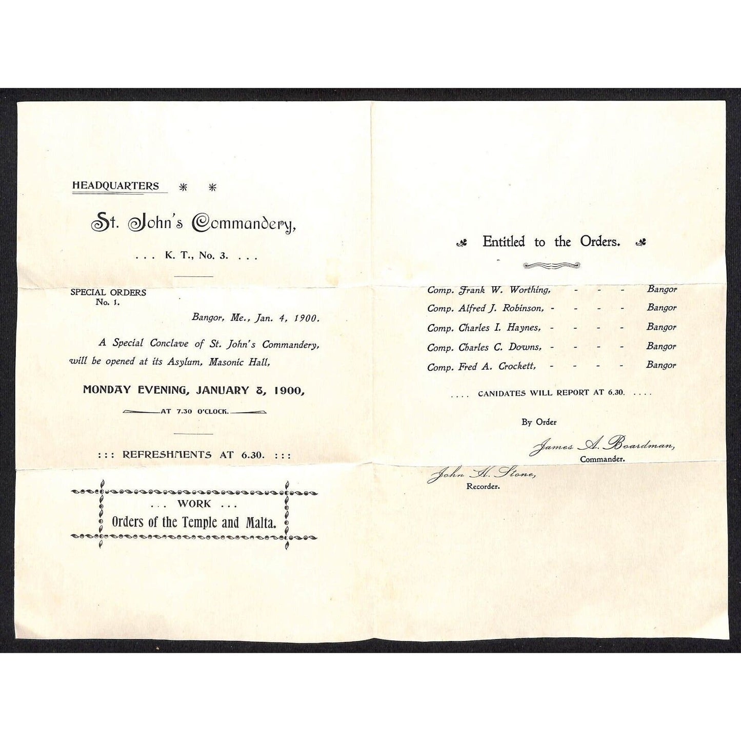 Newburgh, ME Amos W. Knowlton* 1900 Bangor Knight's Templar St John's Commandery