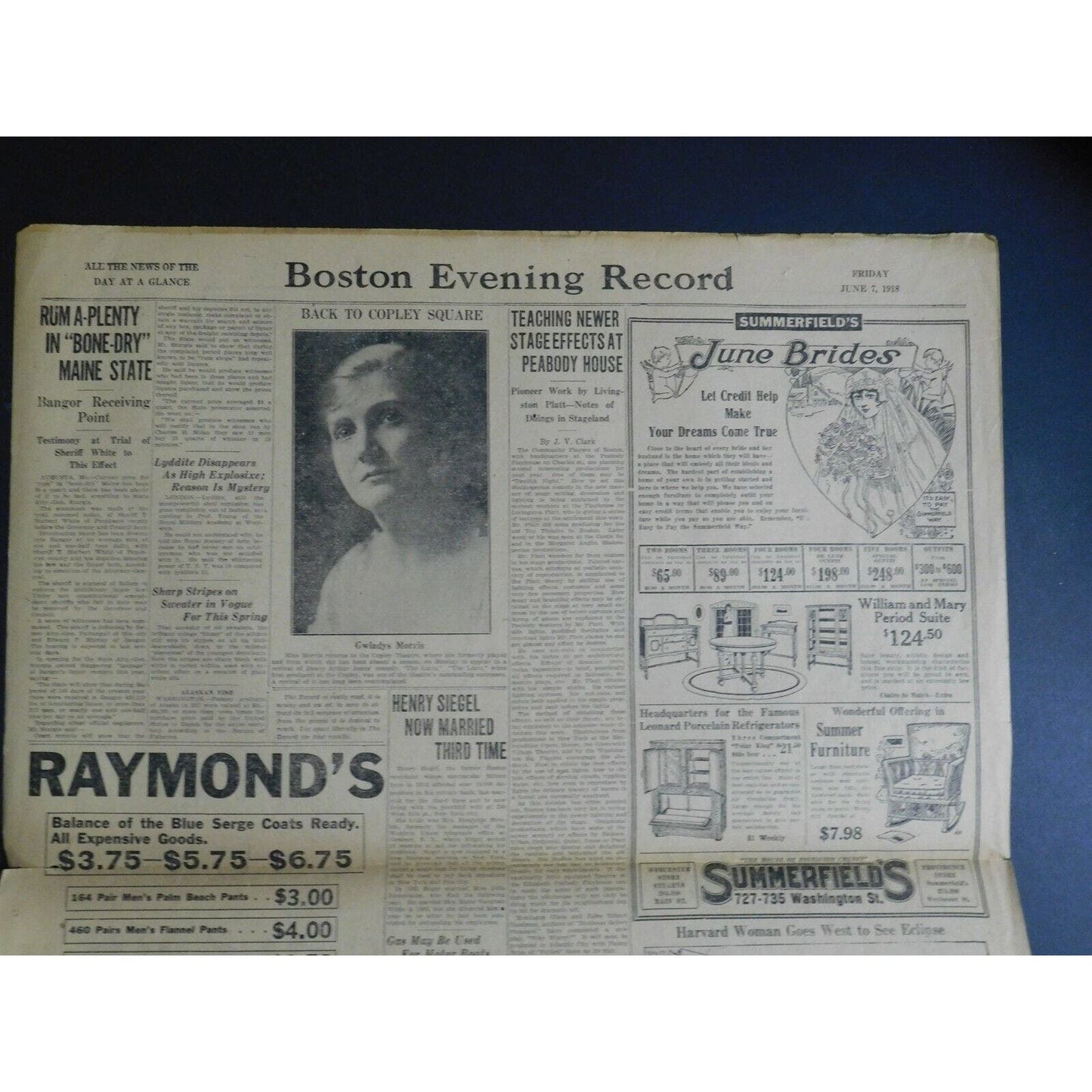 WWI Era Newspaper - Boston Evening Record - June 7 1918 - 4 pgs.