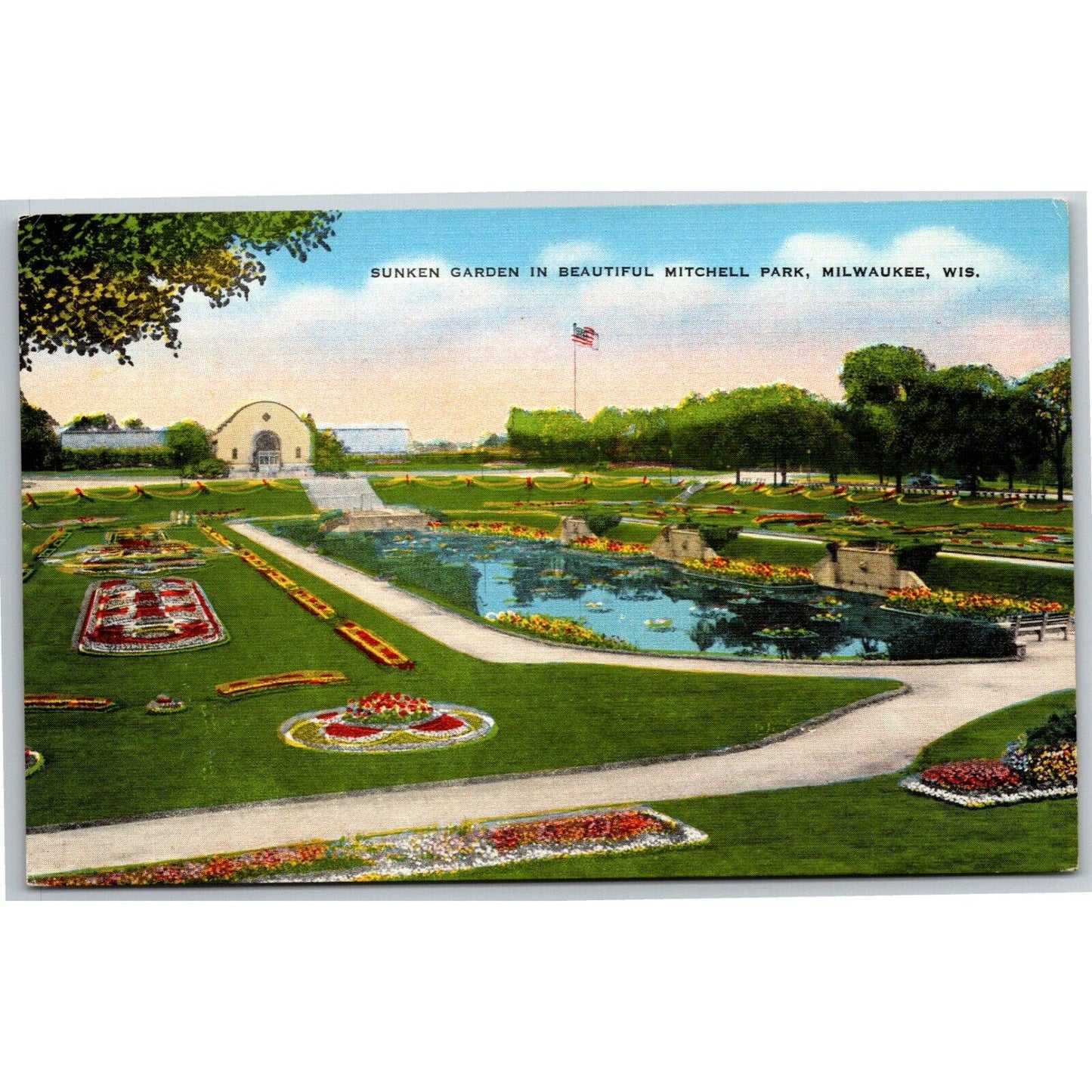 Vintage Linen Postcard Sunken Garden Mitchell Park Milwaukee - Unposted VGC