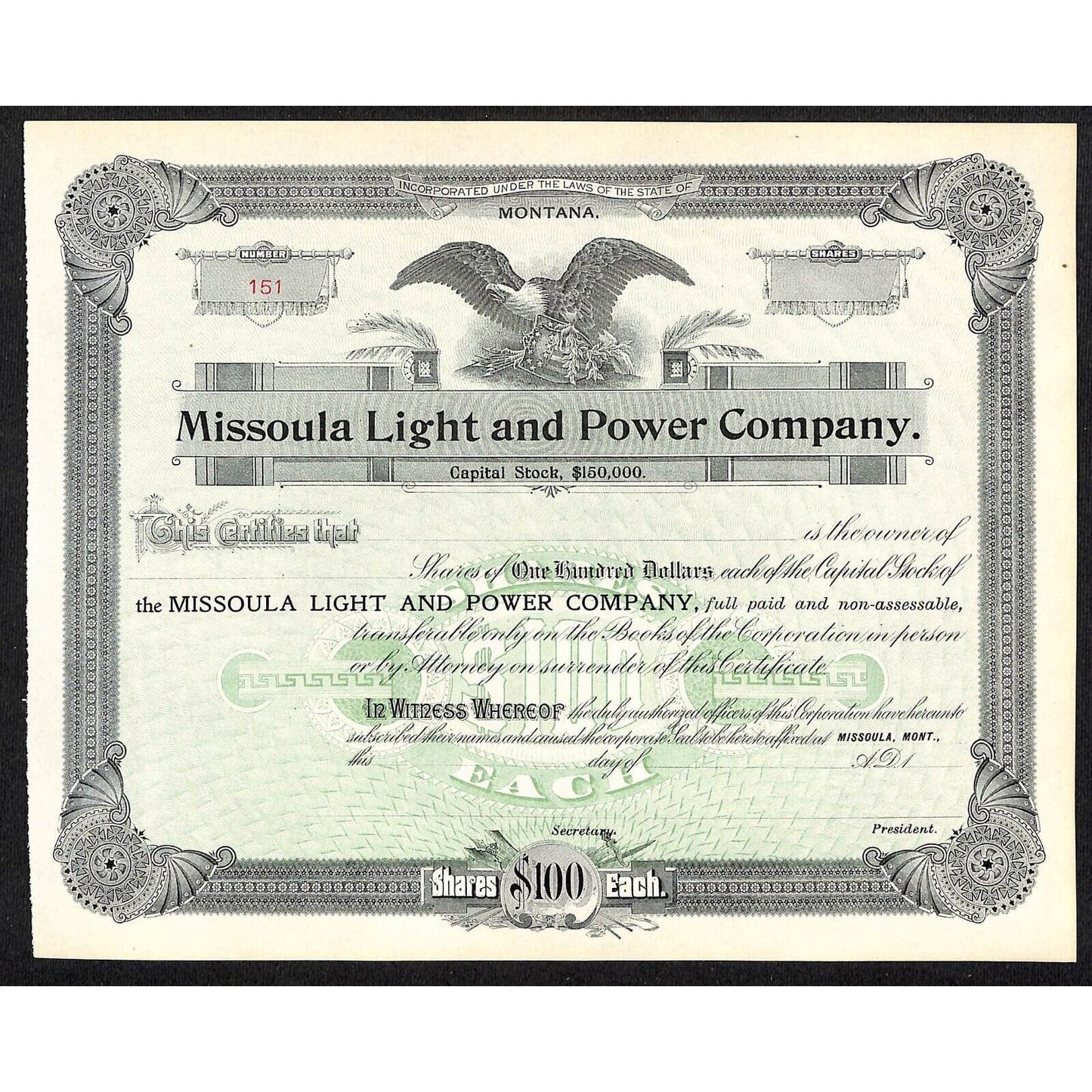 Missoula Light and Power Company Montana c1890's-1910 Unused Stock Certificate