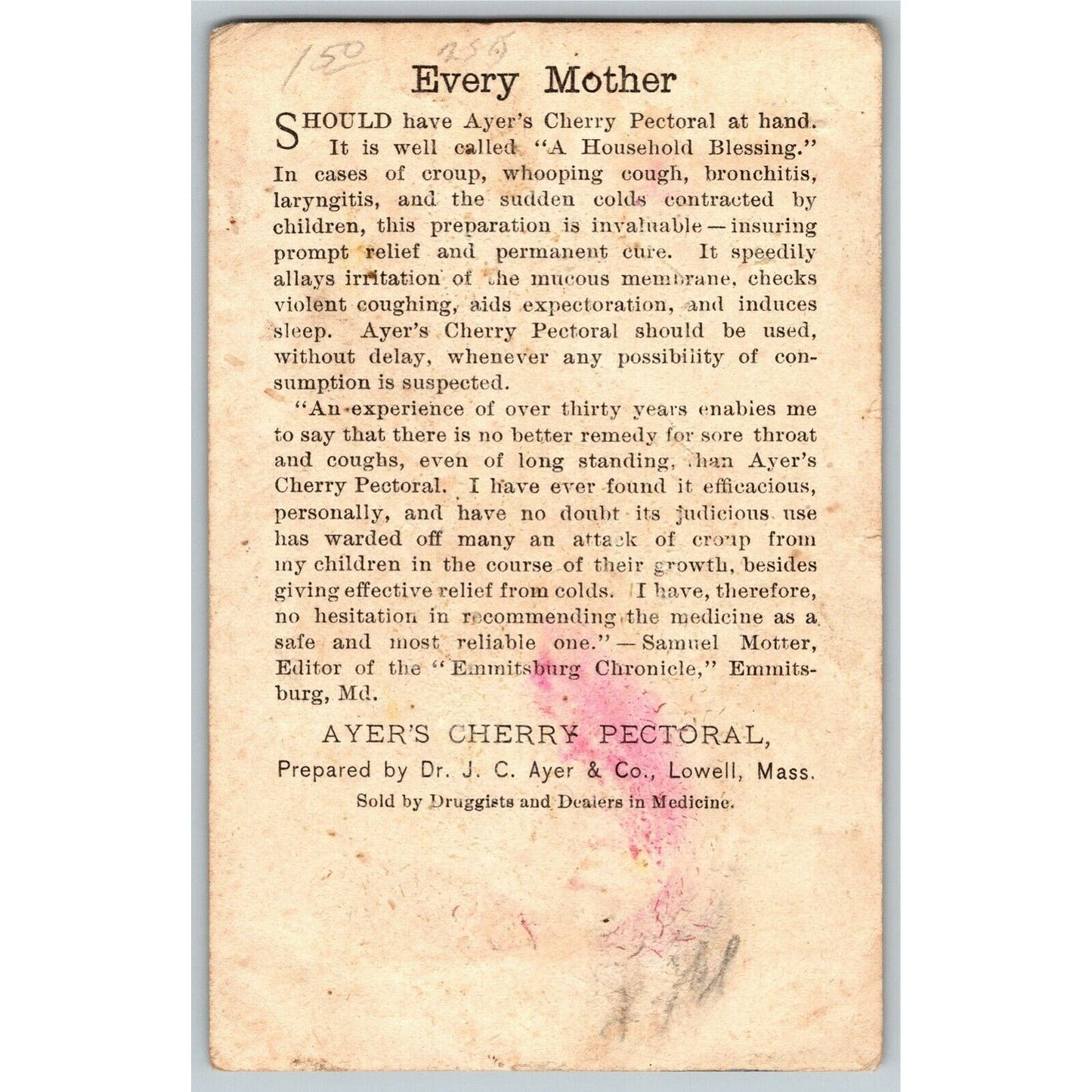 Ayer's Cherry Pectoral for Coughs Child in Bed w/ Cherries Victorian Trade Card