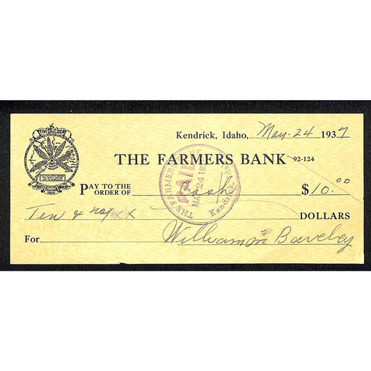 Kendrick, Idaho "The Farmers Bank" Bank Check 1937 w/ Wheat Map Art