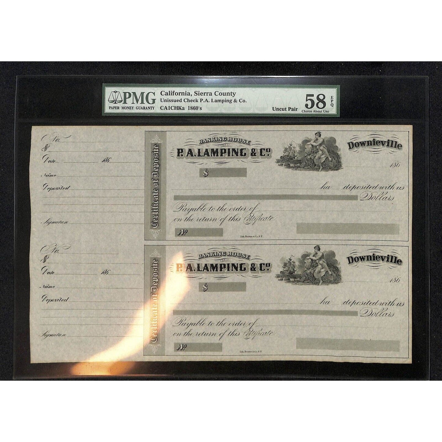 Lamping & Co's Express 1860's NOS Certificate of Deposit - Uncut Pair PMG
