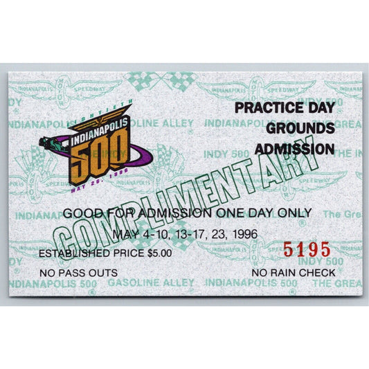 1996 Indy 500 Practice Day Grounds Admission Comp Ticket Pass Card IMS #5195 VGC